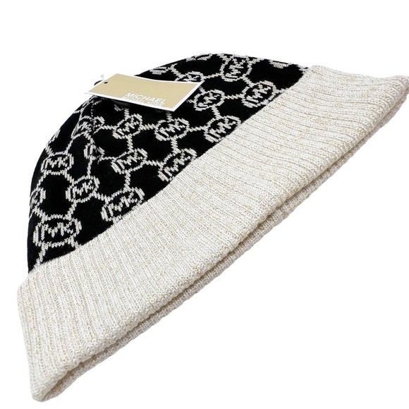 Michael Kors Hat MK Logo Black Cream & Gold Metallic Knit Winter Beanie NWT New - Picture 3 of 8